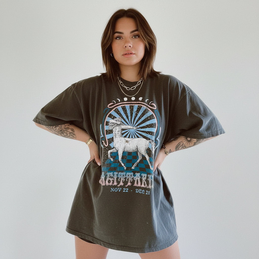 woman wearing sagittarius graphic t shirt