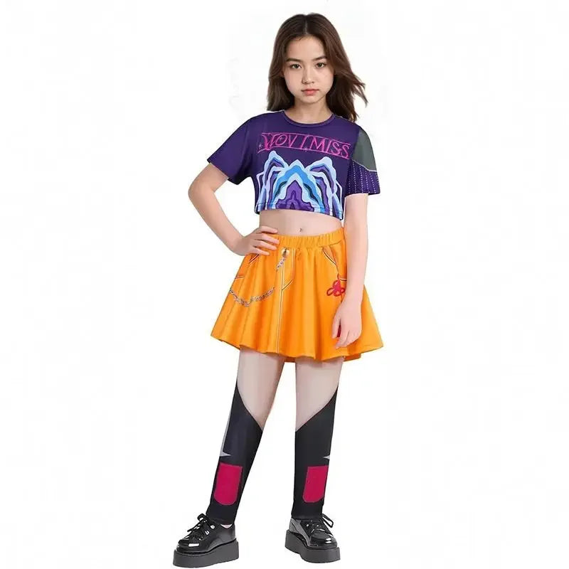 Person wearing a purple and gray crop top with a graphic design, orange skirt, black tights, and black platform shoes on a white background.