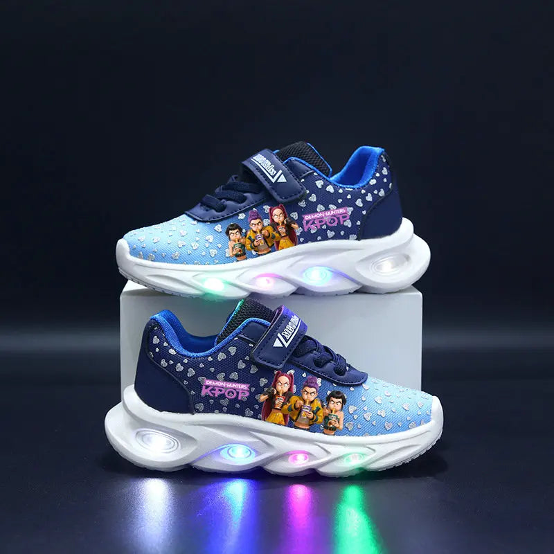 Children's LED shoes with cartoon characters on a dark background