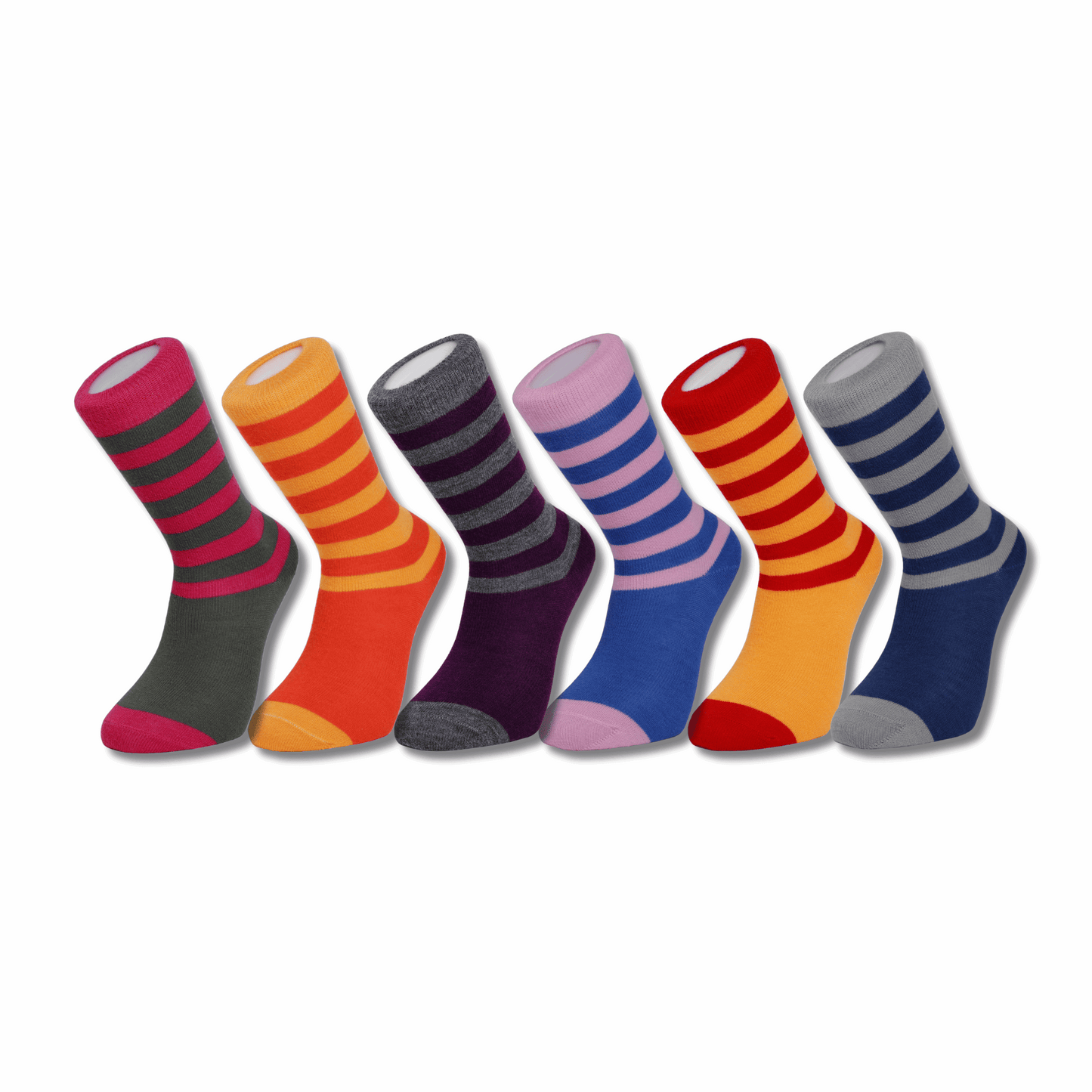 Set of six colorful striped socks on a white background