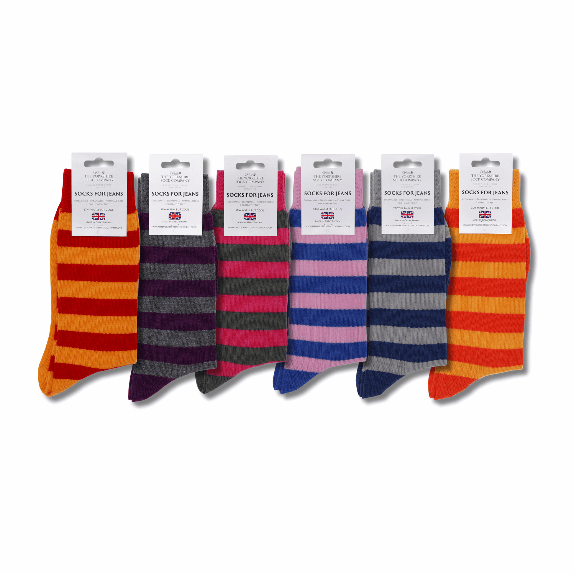 Set of striped socks in various colors with packaging on a white background
