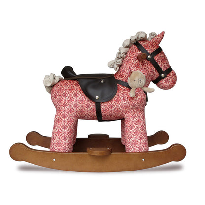 Rocking horse with pink floral pattern and wooden base on a white background