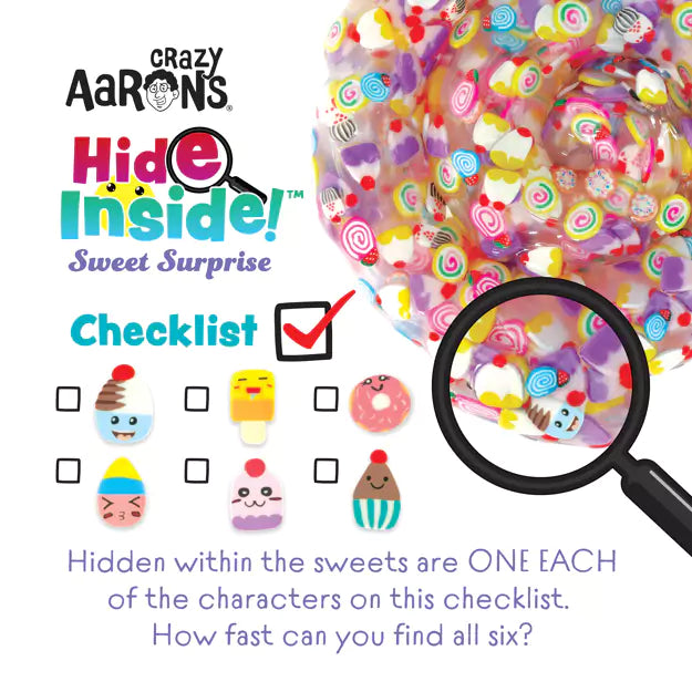 Promotional image for Crazy Aaron's Hide Inside Sweet Surprise with colorful putty and checklist.