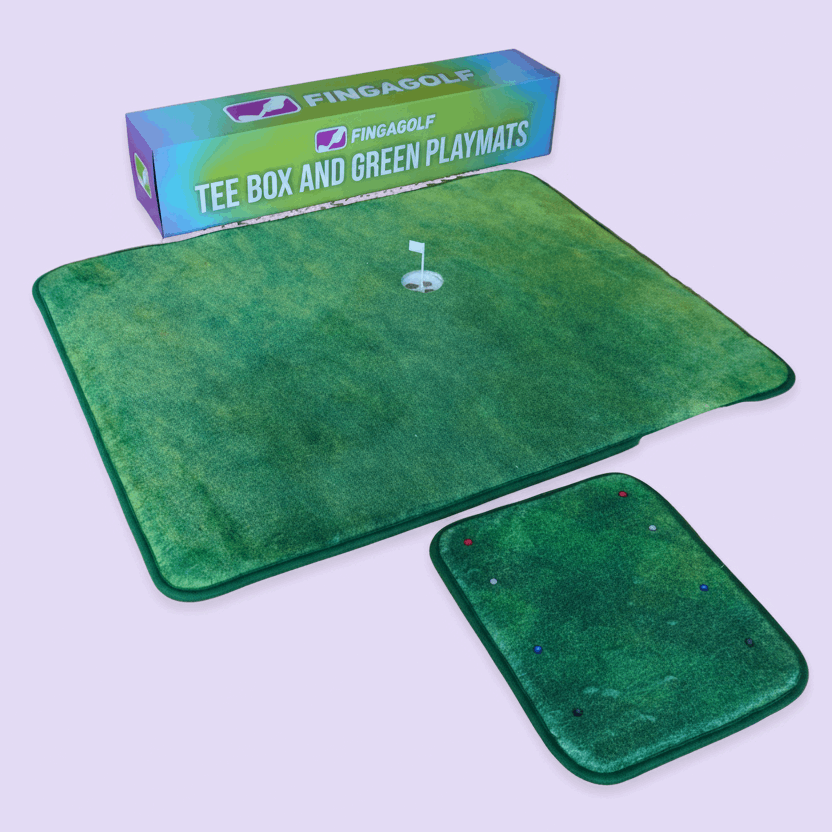 Green golf practice mat with a smaller inset mat, branded as FINGAGOLF, on a white background.