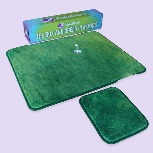 Green golf practice mat with a smaller inset mat, branded as FINGAGOLF, on a white background.