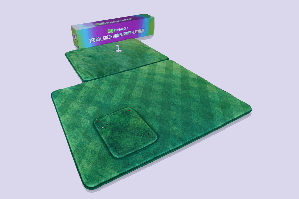 Two green golf play mats with a packaging box labeled 'FingaGolf' on a white background.