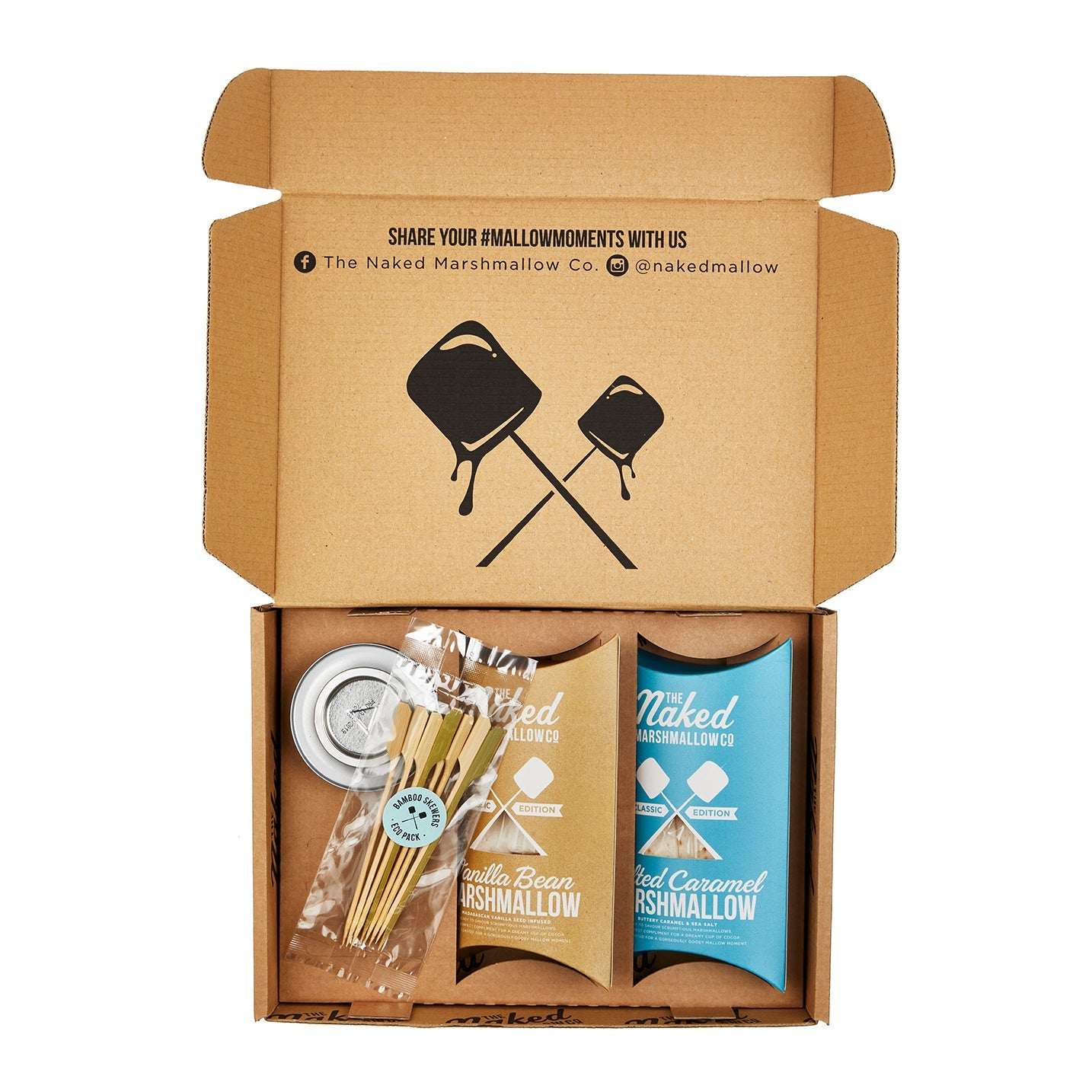 Naked Marshmallow Co packaging with marshmallows and packaging supplies on a white background