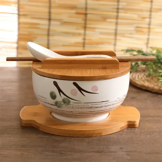 Traditional Japanese Handpainted White Ramen Bowl Set