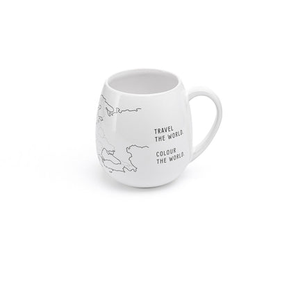 White mug with world map design and text on a white background