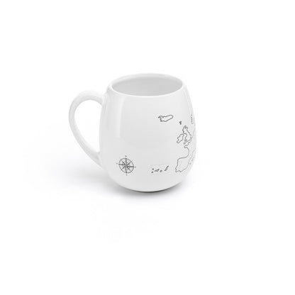 White mug with black illustrations on a white background