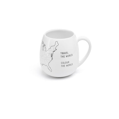 White mug with world map design and text on a white background