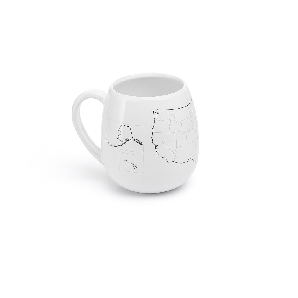 White mug with a map design on a white background