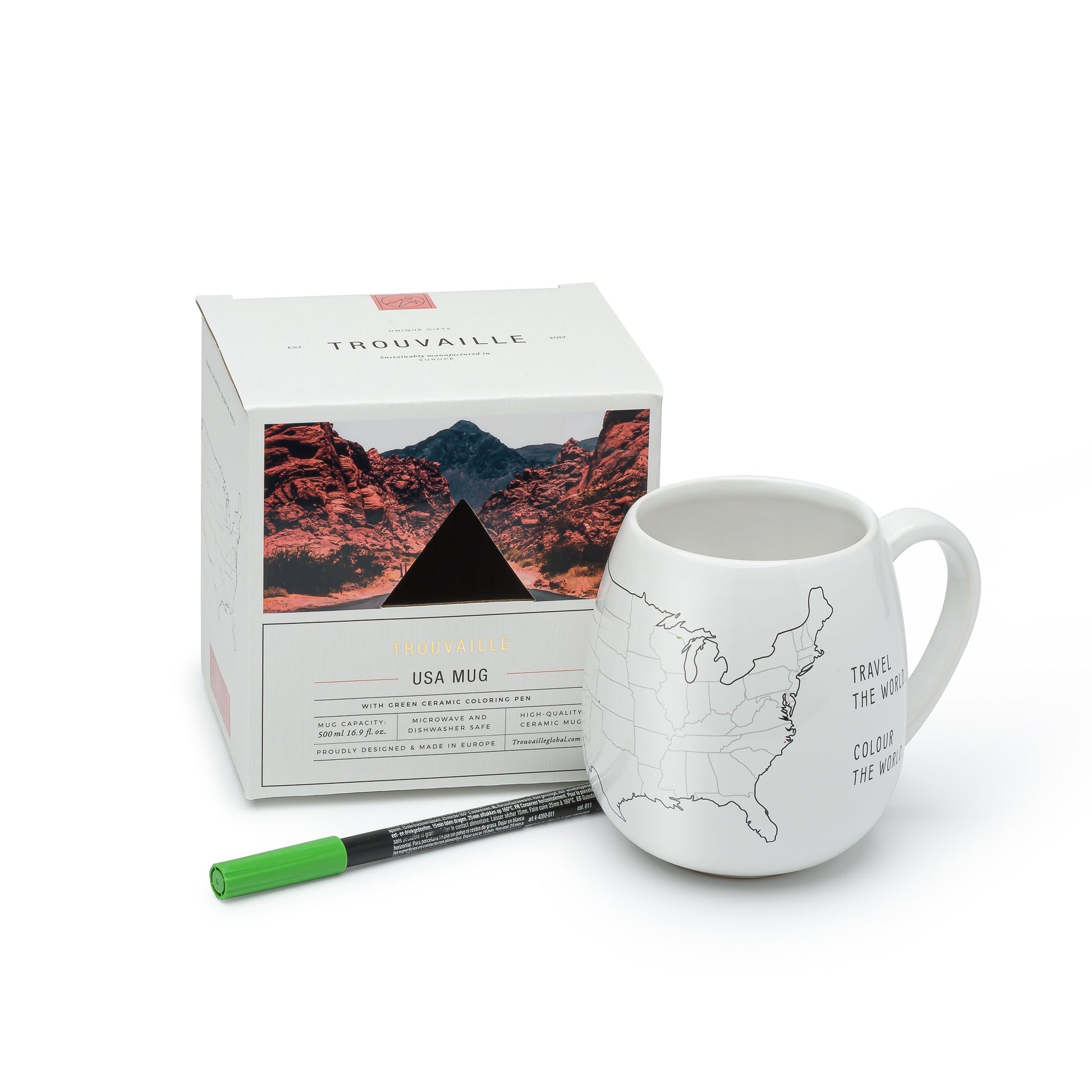White mug with USA map design and marker, next to Trouváille packaging on a white background