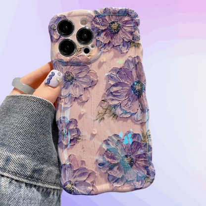 3D Flower Oil Painting Soft Silicone iPhone Case - purple flowers