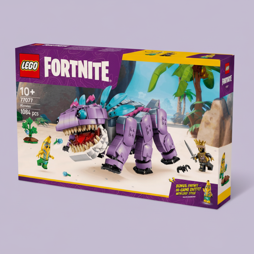 LEGO Fortnite set packaging with purple creature and character on a beach scene