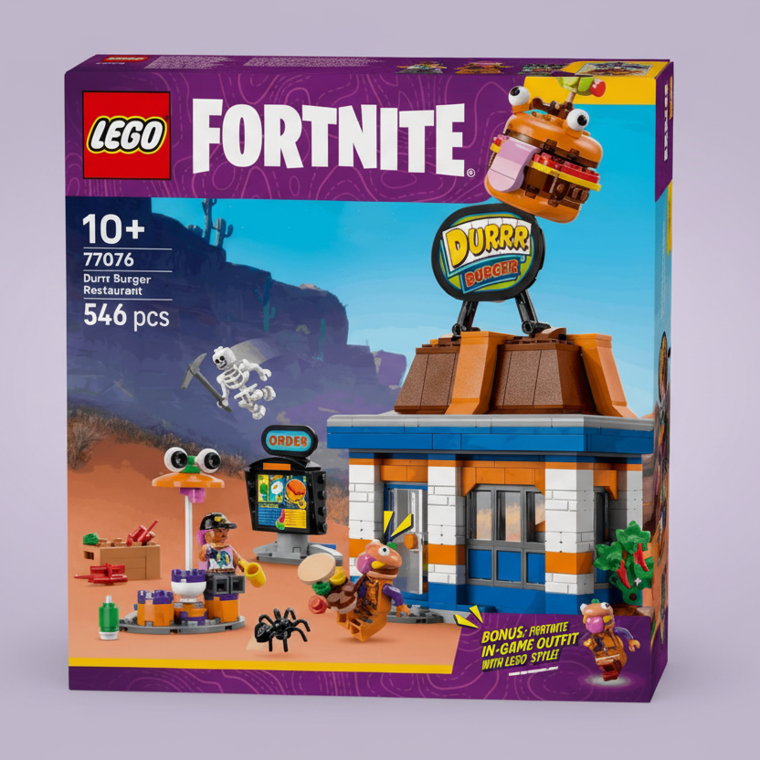 LEGO Fortnite Durr Burger Restaurant set packaging with characters and building.