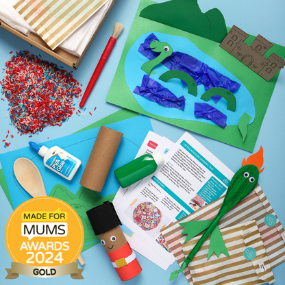 Crafting materials and child's artwork on a blue surface with 'Made for Mums Awards 2024 Gold' badge.