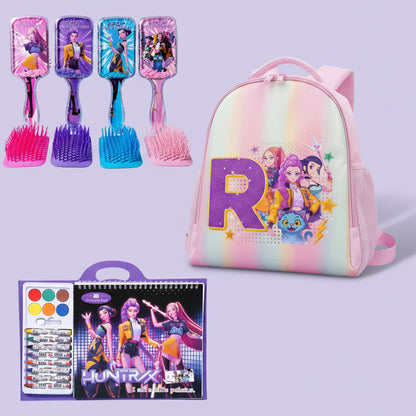 Set of hairbrushes and a backpack with characters on a white background
