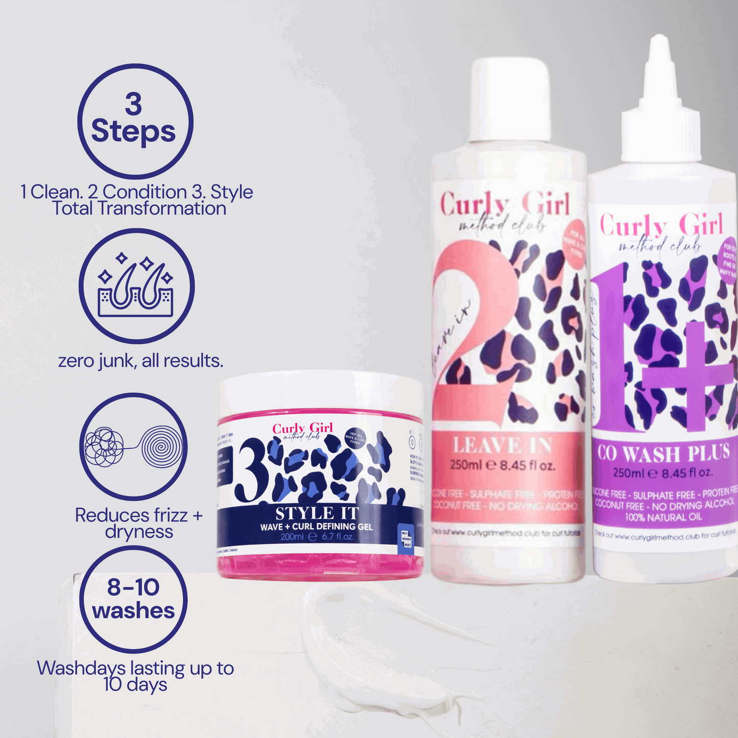 Curly Girl hair care products with step-by-step guide on a light gray background