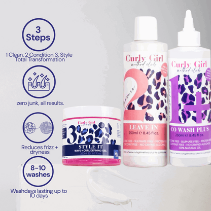 Curly Girl hair care products with step-by-step guide on a light gray background