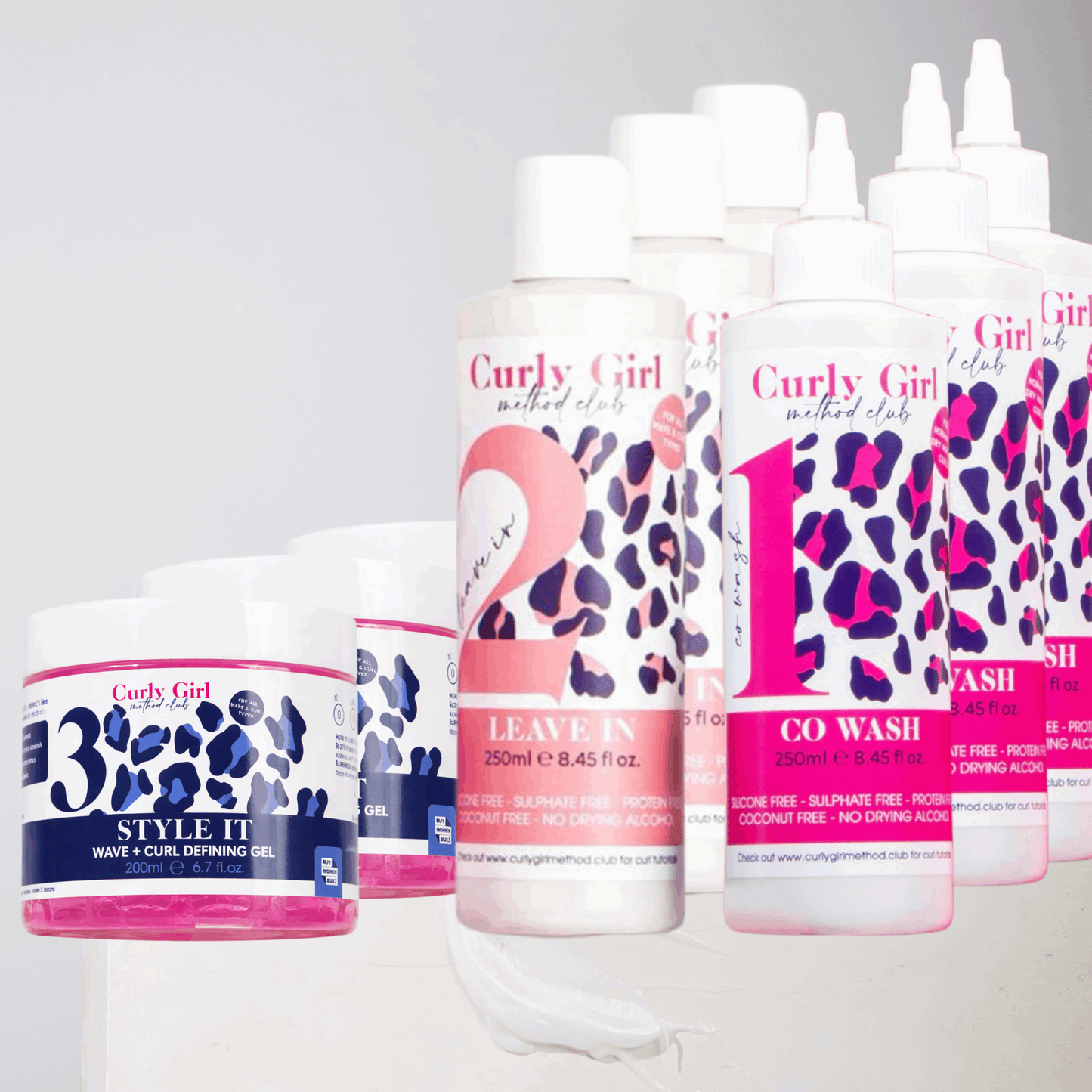 Curly Girl method hair care products with leopard print design on a white background