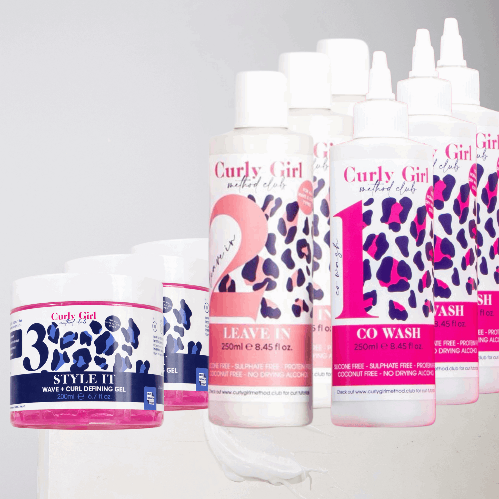 Curly Girl method hair care products with leopard print design on a white background