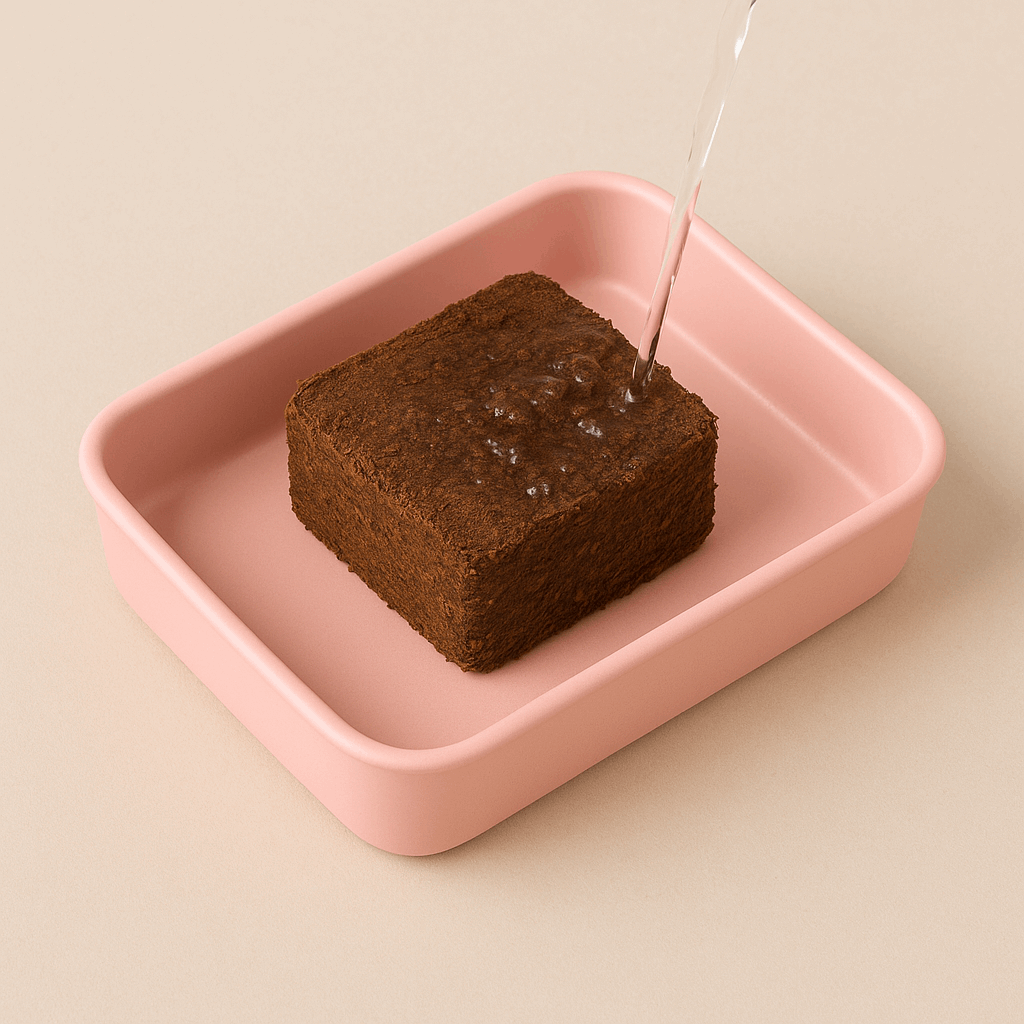 Brown block of soap being soaked in a pink dish with water droplets on a beige background