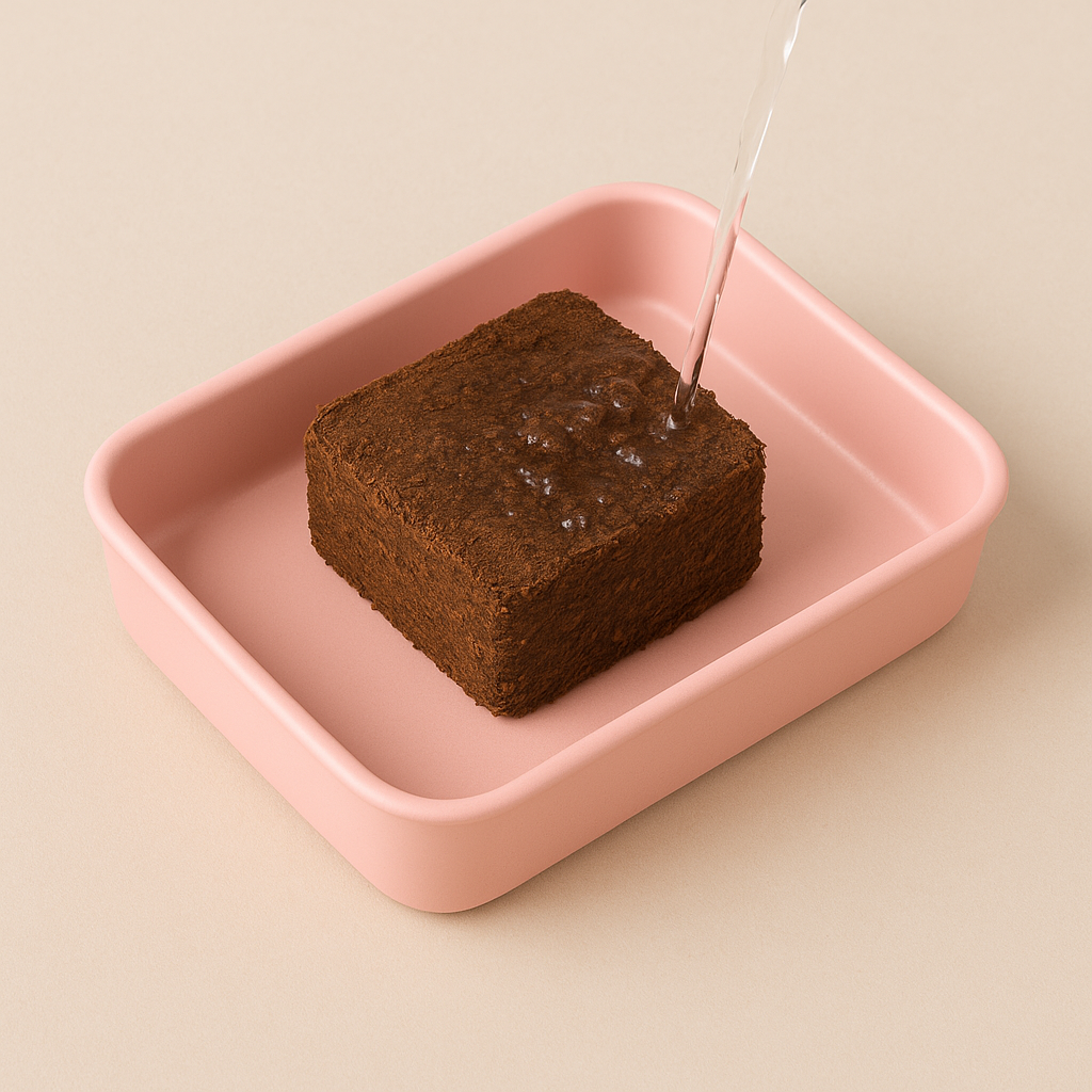 Brown block of soap being soaked in a pink dish with water droplets on a beige background