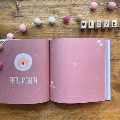 Open book with a pink page showing 'Fifth Month' on a wooden surface with decorative elements.