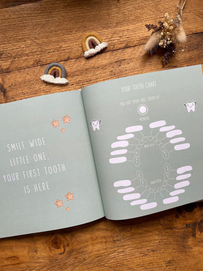 Open book with tooth chart and decorative elements on a wooden surface