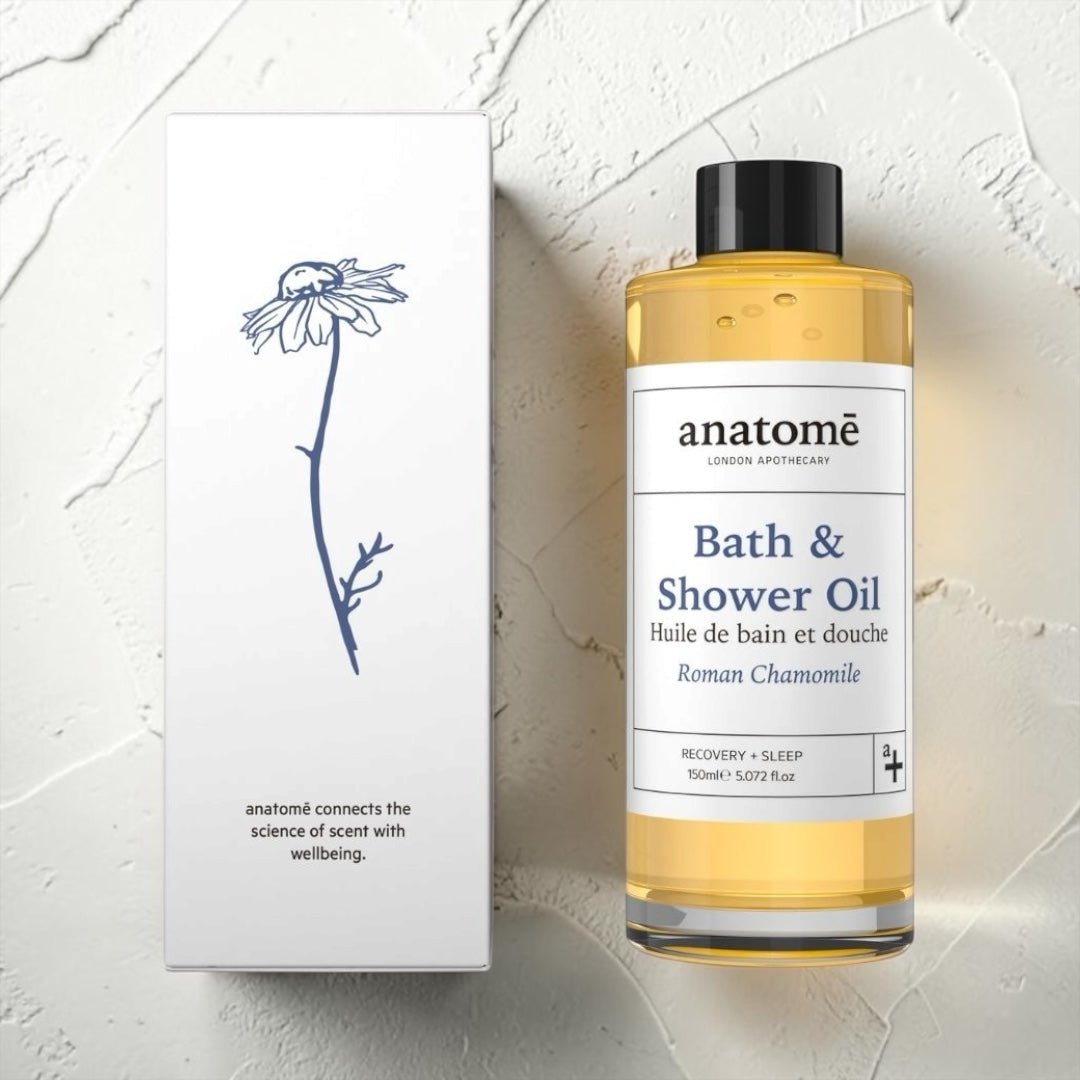 Bottle of anatomé Bath & Shower Oil with a white label on a light background
