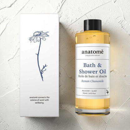Bottle of anatomé Bath & Shower Oil with a white label on a light background