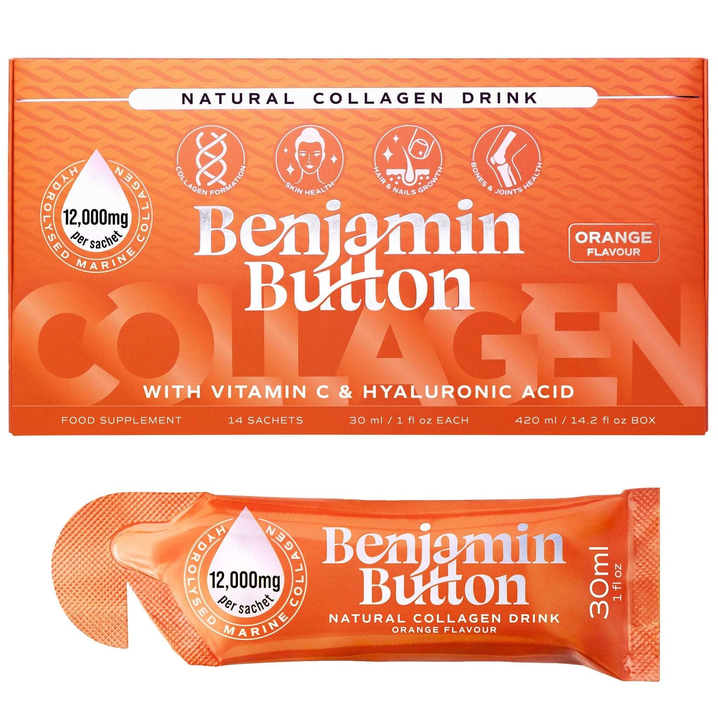 Benjamin Button collagen drink package with orange flavor on a white background