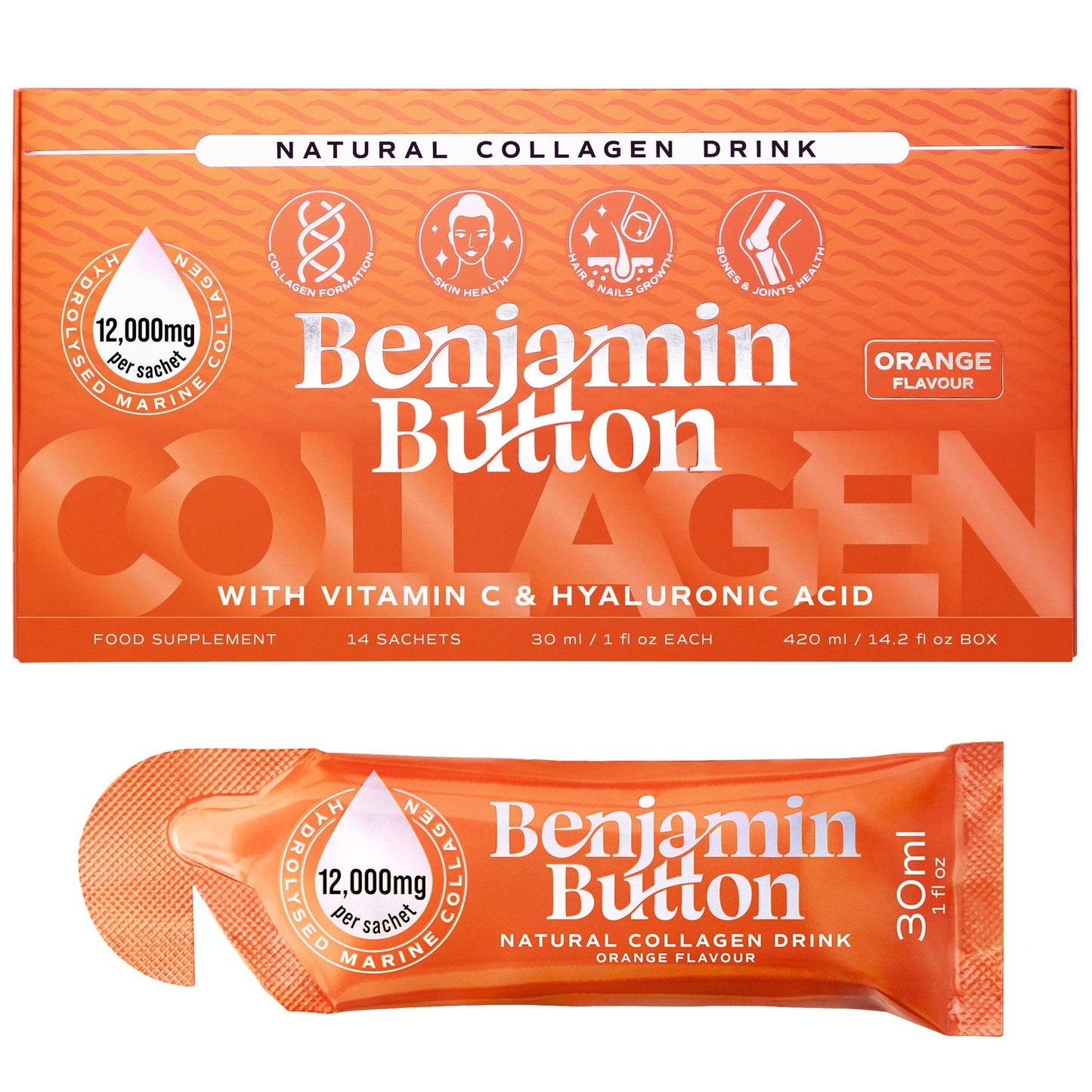 Benjamin Button collagen drink package with orange flavor on a white background