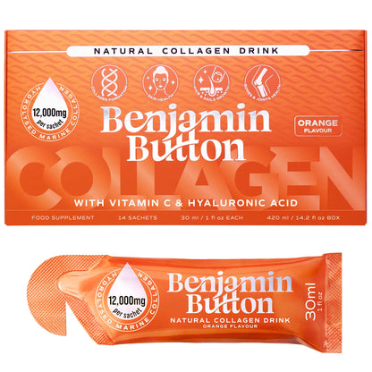 Benjamin Button collagen drink package with orange flavor on a white background
