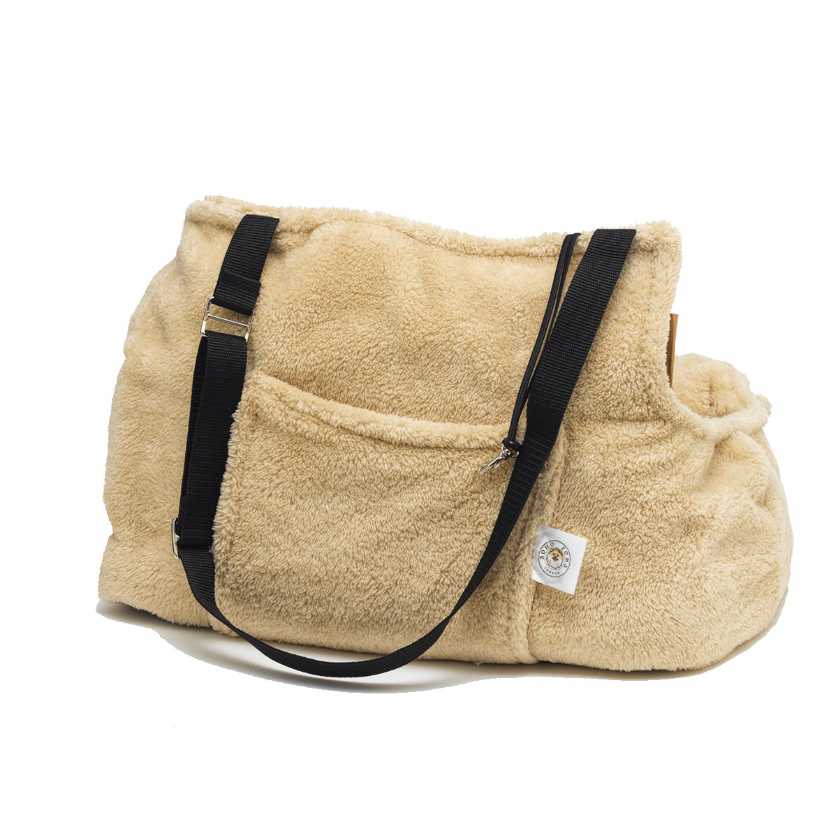 Beige fleece bag with black straps on a white background