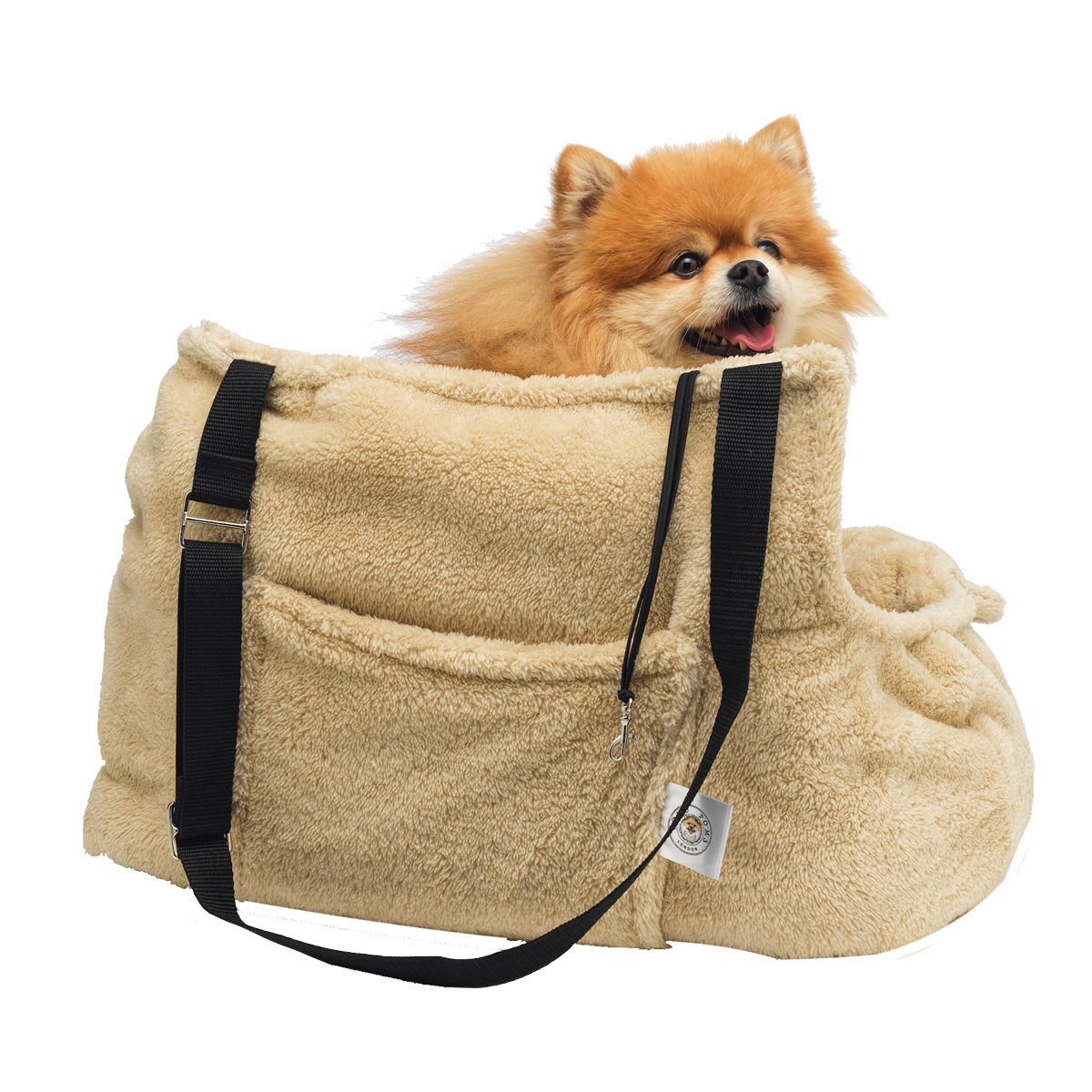 Beige pet carrier with a small dog peeking out on a white background