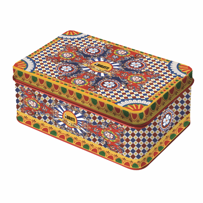 Decorative rectangular box with colorful pattern on a white background