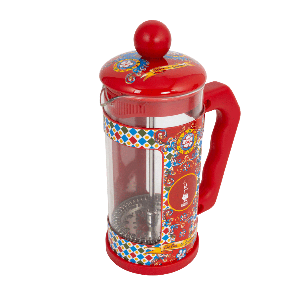 Red French press coffee maker with colorful pattern on a transparent background