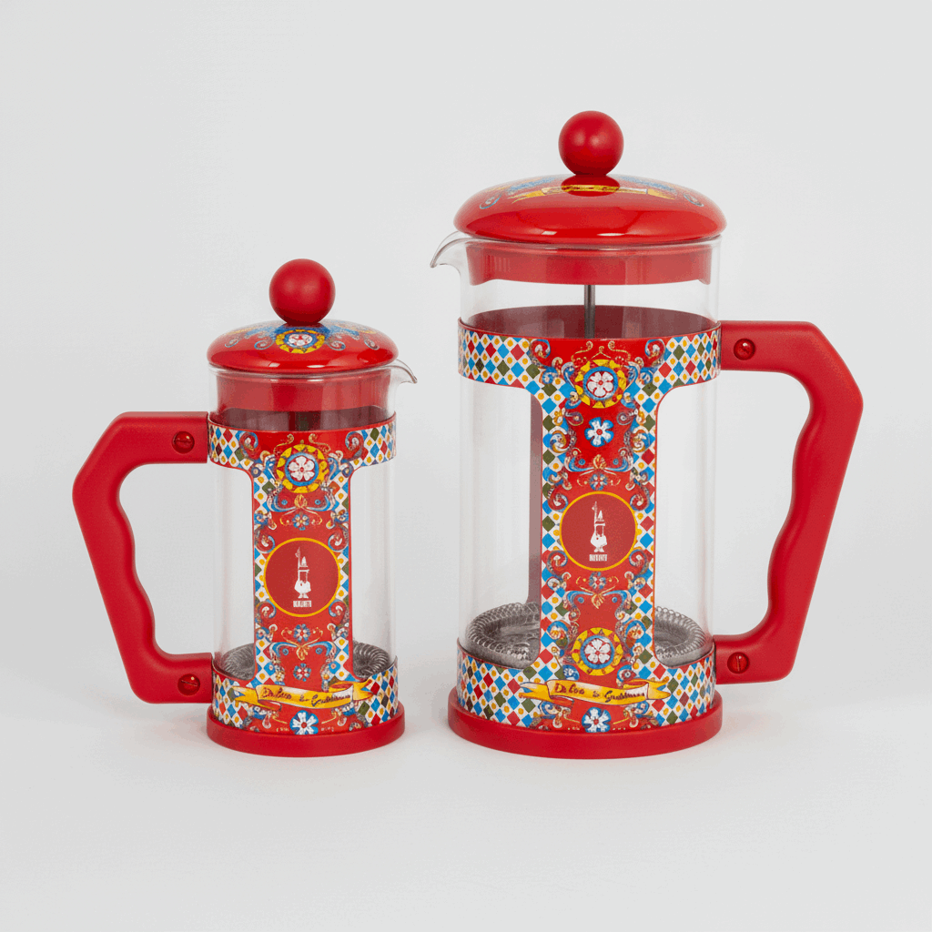 Two red and transparent coffee presses with colorful patterns on a white background