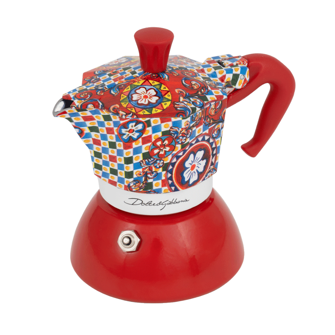 Colorful coffee maker with a red base on a transparent background