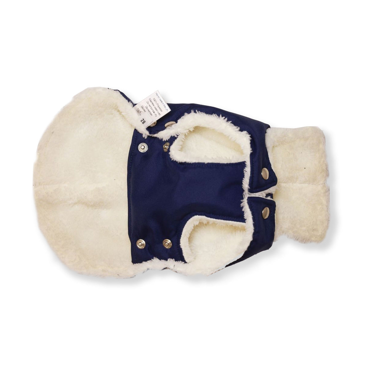 Navy blue pet coat with white fur lining on a white background