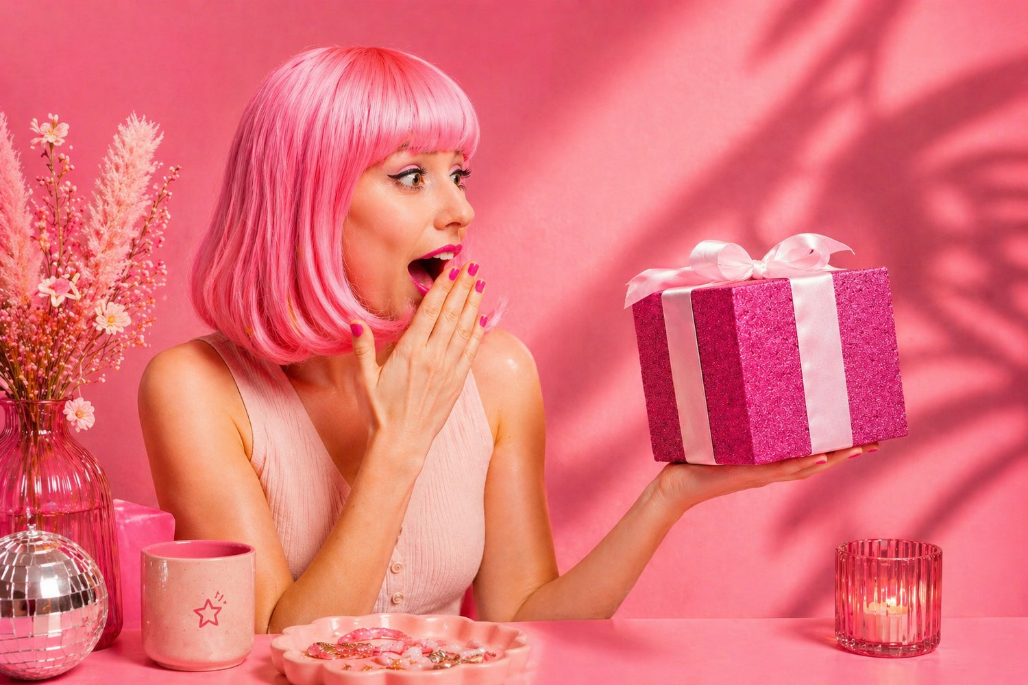 Woman with pink hair holding a gift box in a pink room