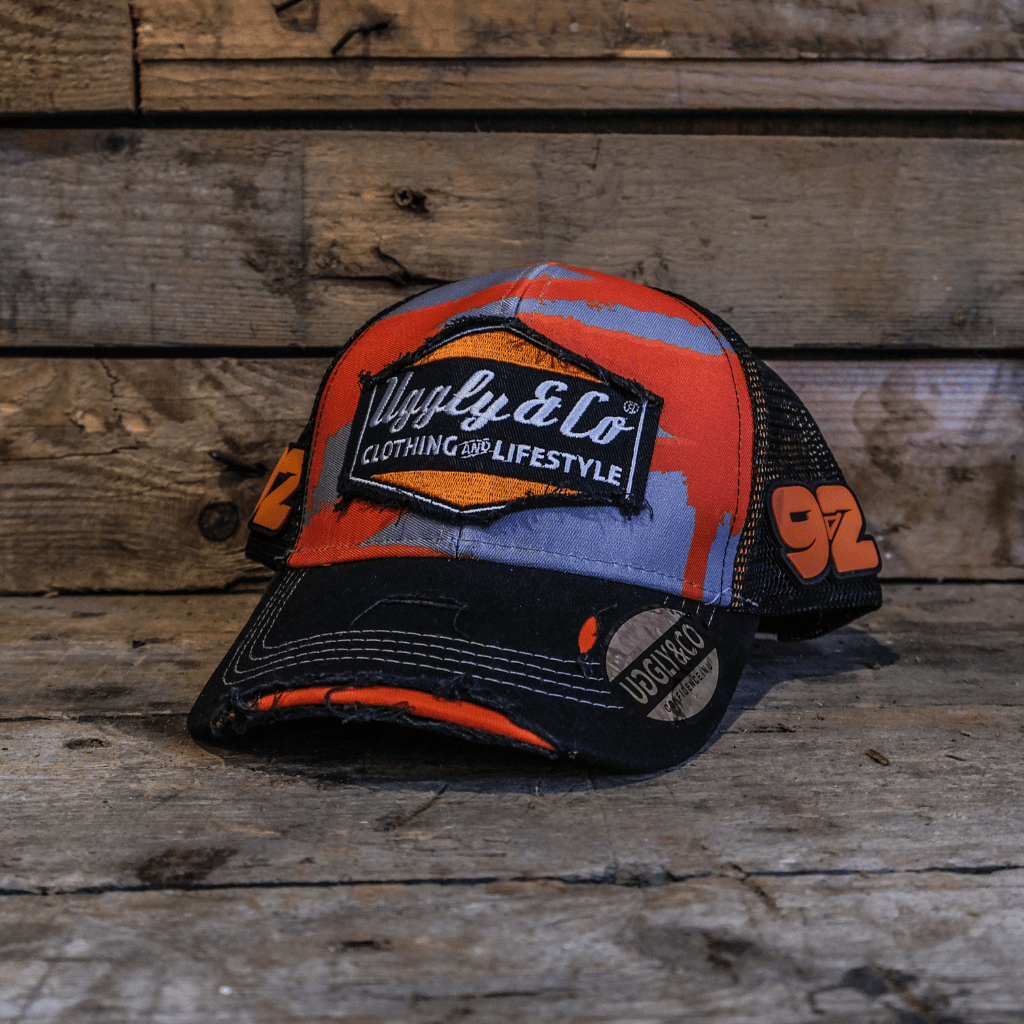 Uggly & Co Diamond Spray Trucker Hat | Vintage Washed Snapback Cap with Orange Detail