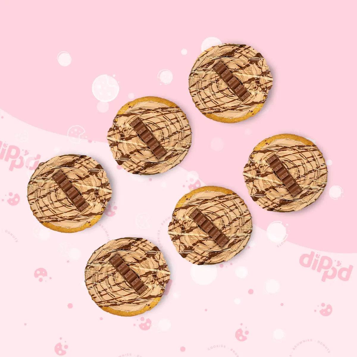 Cookies with chocolate drizzle on a pink background with 'dipp' branding.
