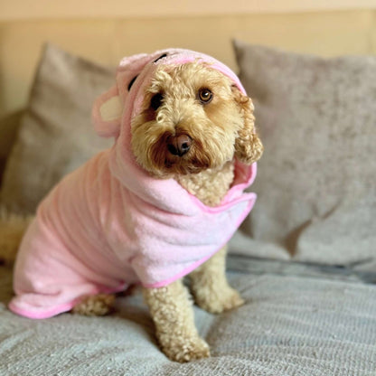 Dog wearing a pink outfit on a couch