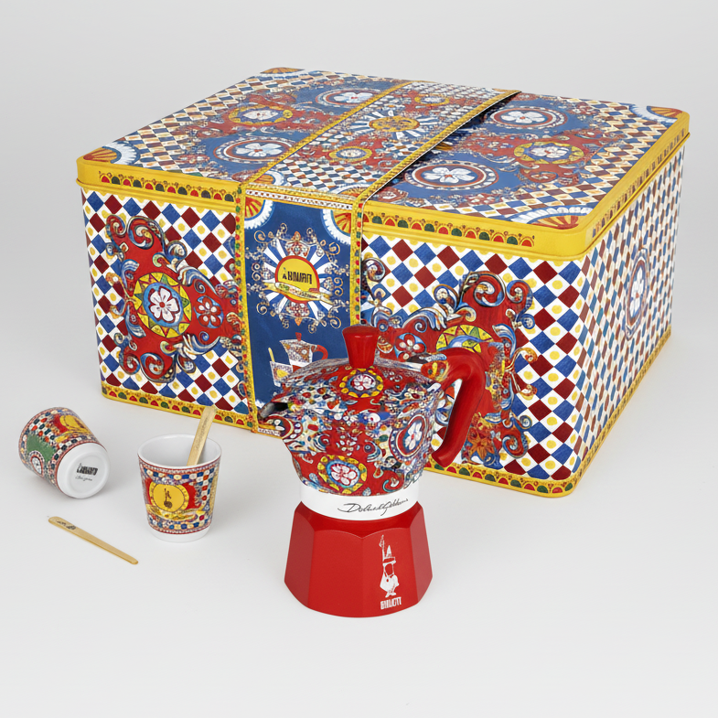 Colorful coffee set with a patterned box on a white background