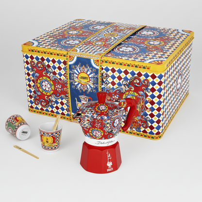 Colorful coffee set with a patterned box on a white background