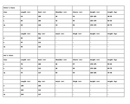 Size chart for women's clothing with measurements in centimeters and weight in kilograms.