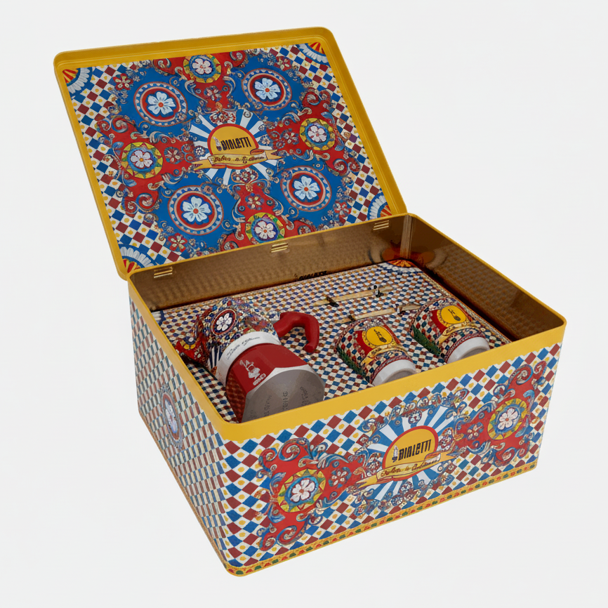 Decorative box with colorful pattern containing small figurines on a white background